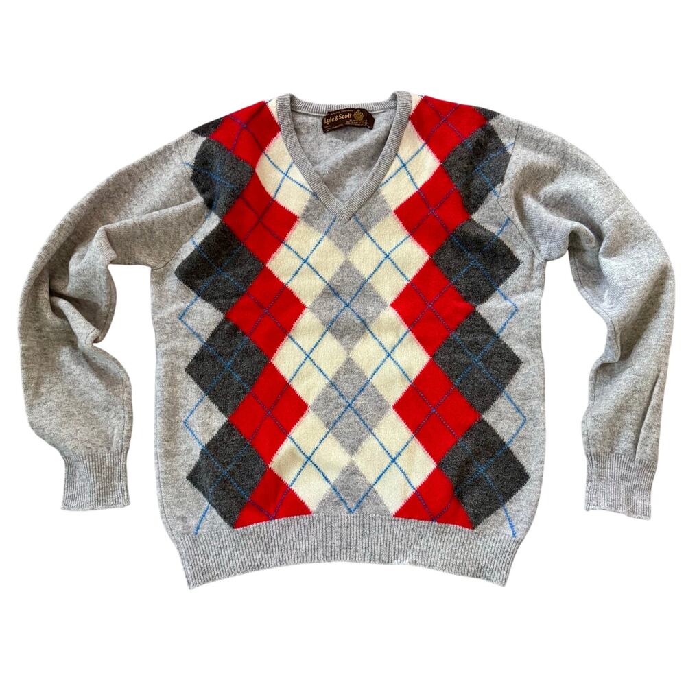 VTG Lyle & Scott Lambswool Argyle V Neck Golf Sweater Men Medium Scotland HRH
